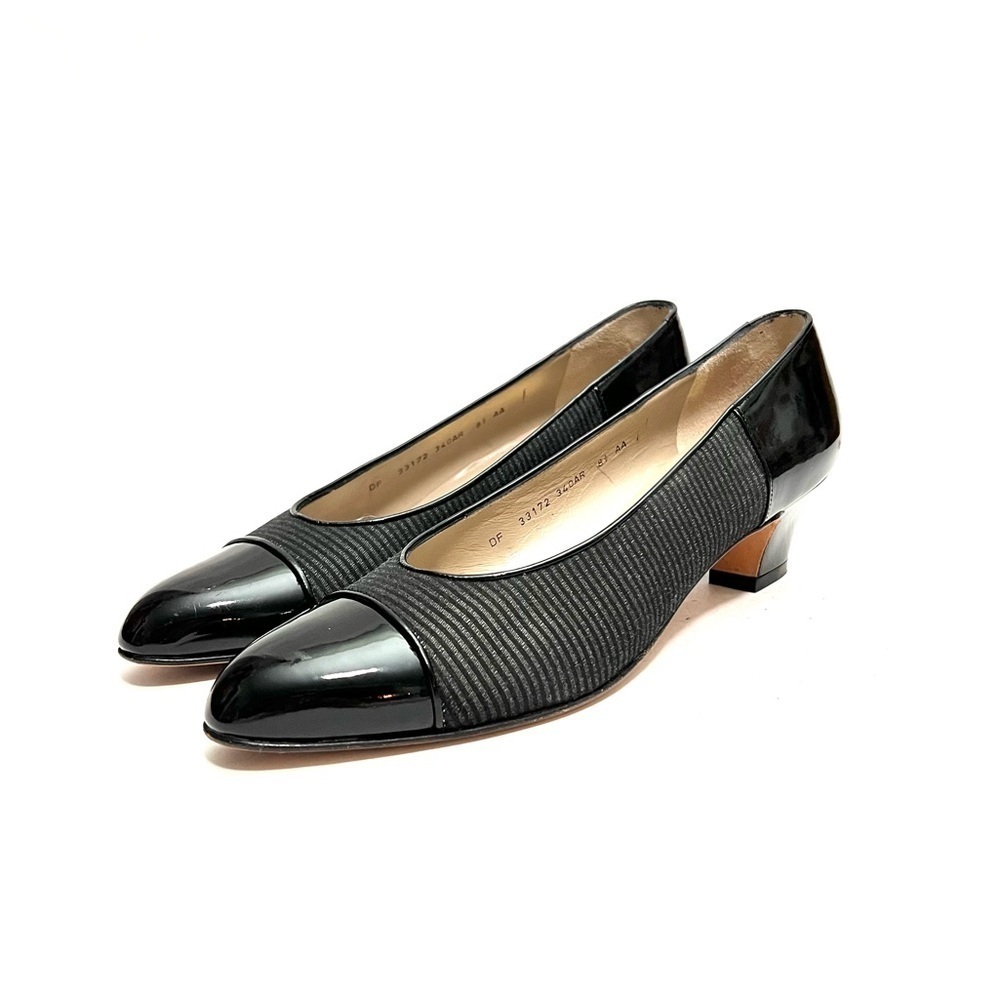 FERRAGAMO | Vintage 1990s black patent leather striped fabric kitten heels